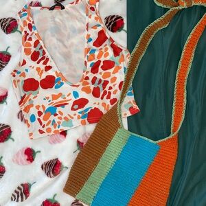 Colorful Patterned Crop Top and Striped Knit Bag